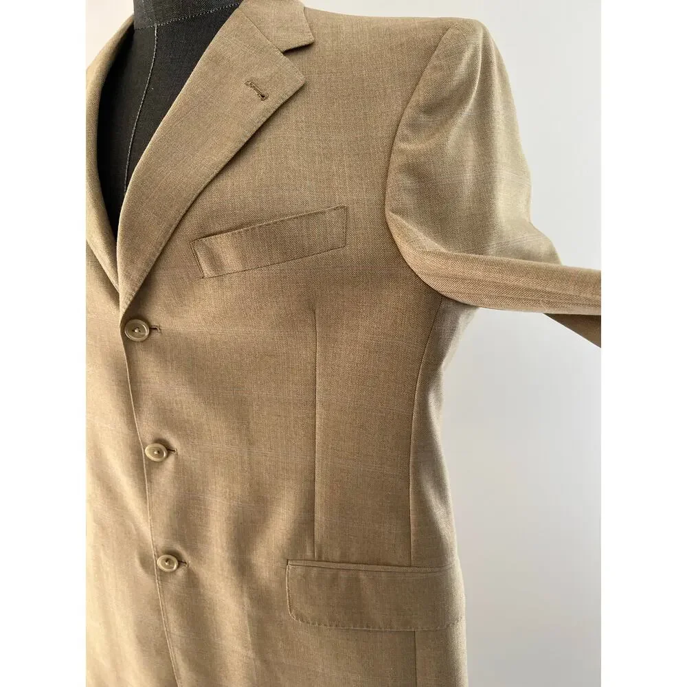 Hart Schaffner Marx 3 Button Suit Jacket Blazer Tan w Blue Windowpane 42S SG